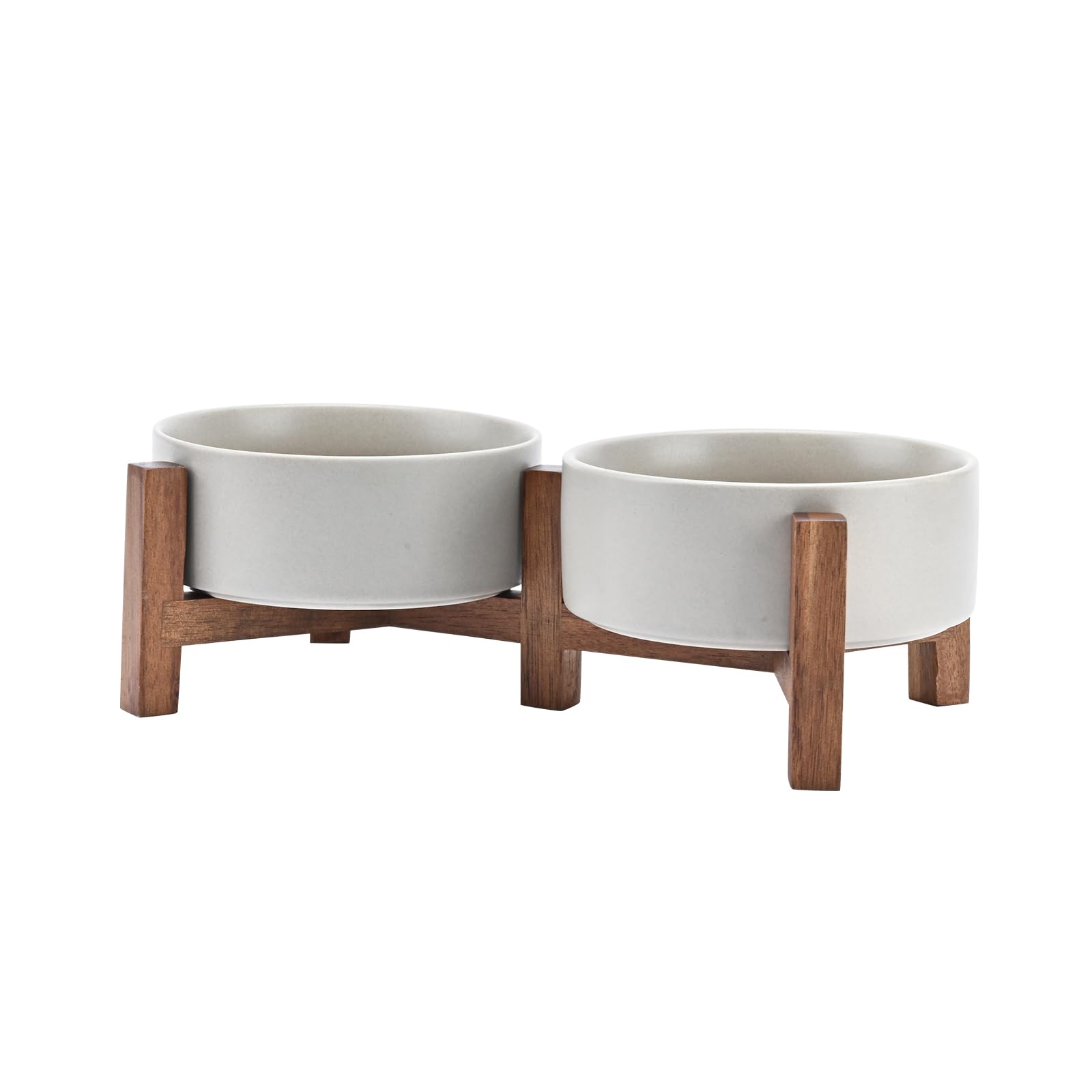SPUNKYJUNKY Ceramic Dog Bowls Dog Bowl Set with Acacia Wood Stand Raised Dog Bowl Dog Food and Water Bowl for Small Medium Sized Dog(13.52 OZ Gray)