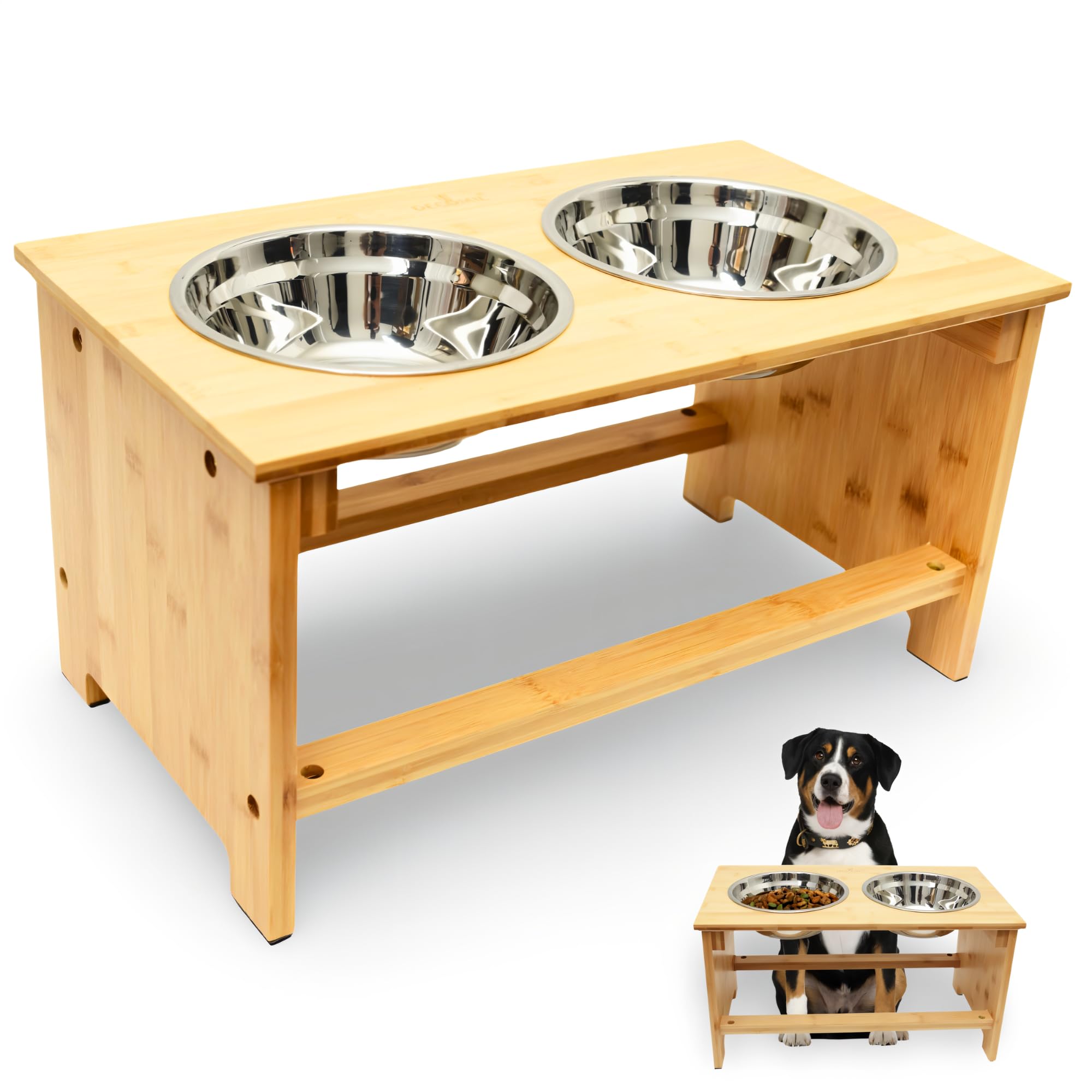 DECOMIL Raised Dog Bowl Stand for Medium Sized Dogs Elevated Dog Bowls Bamboo Raised Dog Bowl Dog Food Bowl Stand Feeding Station